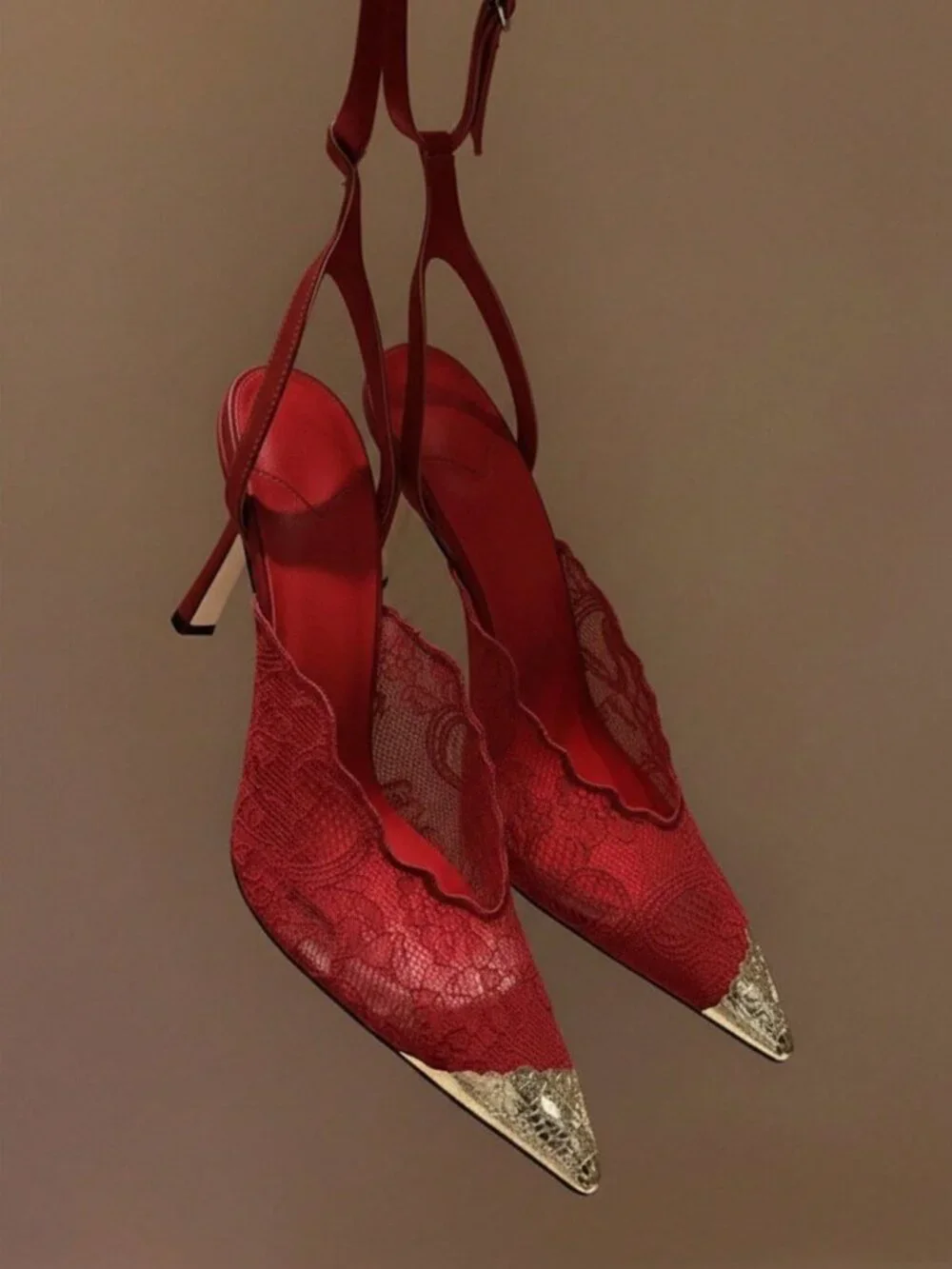 Red Fashionable Women's Lace Pointed Toe Stiletto Heel